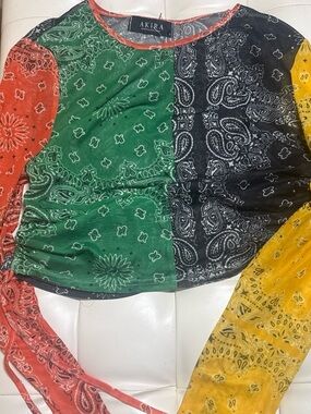 AKIRA Patchwork Bandana Long Sleeve Top in Green, Black, Coral & Yellow